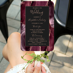 Burgundy Rose Gold Agate Dark Wedding Program Hand Fan