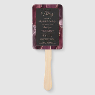 Burgundy Rose Gold Agate Dark Wedding Program Hand Fan