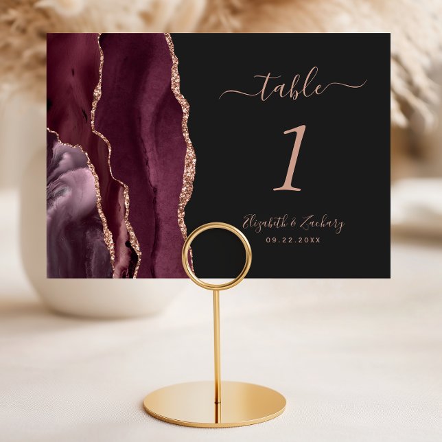 Burgundy Rose Gold Agate Dark Wedding Table Number (Creator Uploaded)