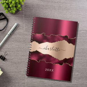 Burgundy rose gold agate marble name script notebook