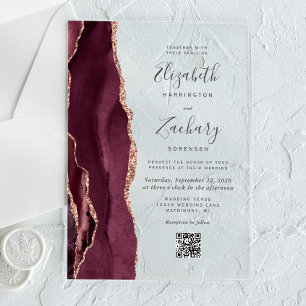 Burgundy Rose Gold Agate QR Code Wedding Acrylic Invitations