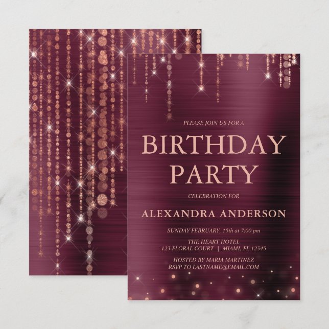 Burgundy Rose Gold Any Age Birthday Party Invitation (Front/Back)
