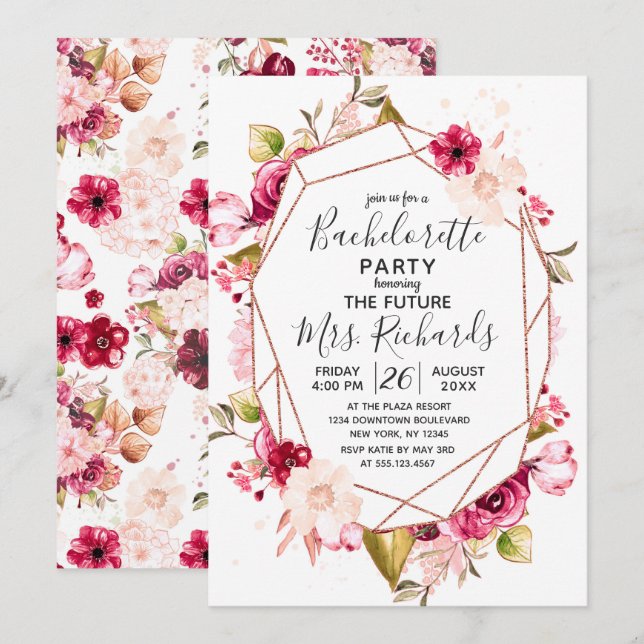Burgundy Rose Gold Bachelorette Party Invitation (Front/Back)