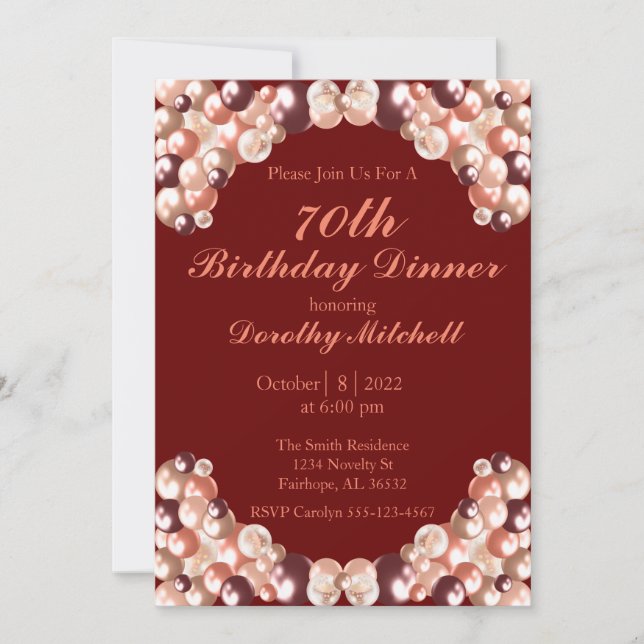 Burgundy Rose Gold Balloon 70th Birthday  Invitation (Front)