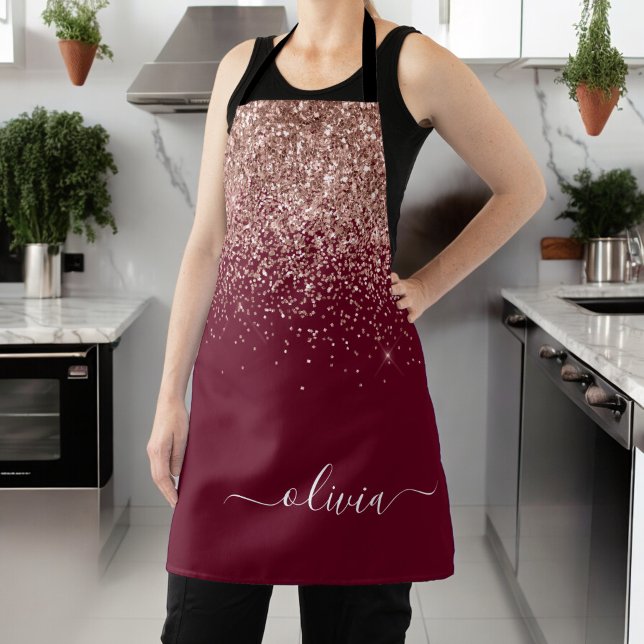 Burgundy Rose Gold Blush Pink Glitter Monogram Apron (Creator Uploaded)