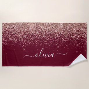 Burgundy Rose Gold Blush Pink Glitter Monogram Beach Towel