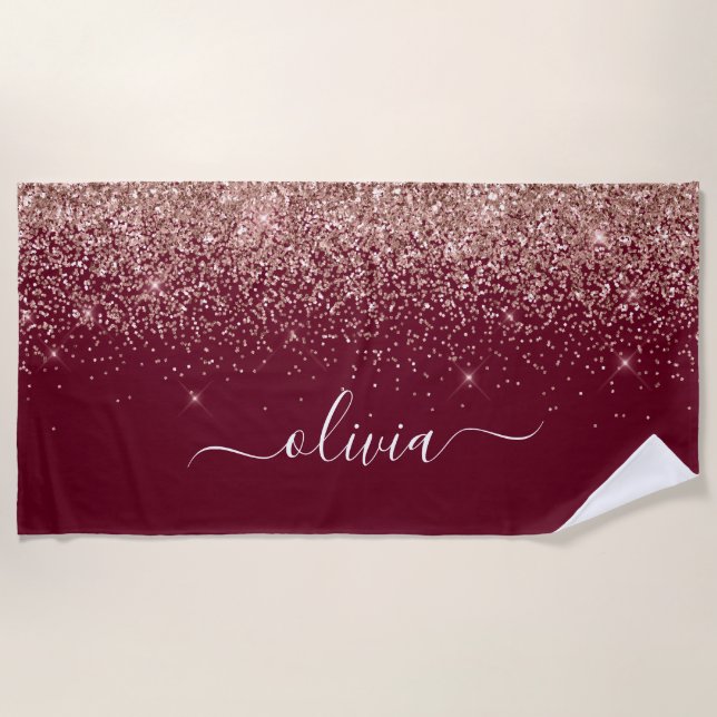 Burgundy Rose Gold Blush Pink Glitter Monogram Beach Towel (Front)