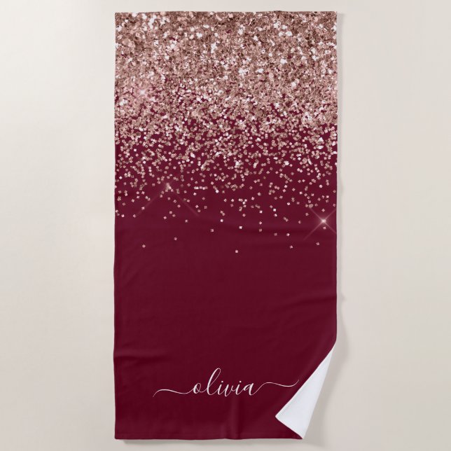 Burgundy Rose Gold Blush Pink Glitter Monogram Beach Towel (Front)