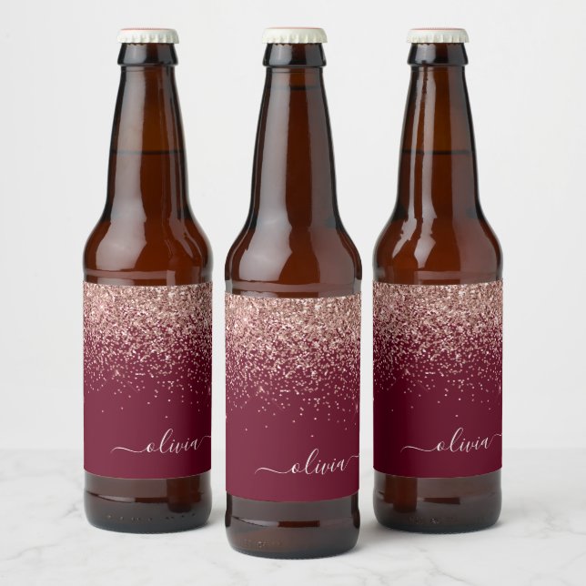Burgundy Rose Gold Blush Pink Glitter Monogram Beer Bottle Label (Bottles)
