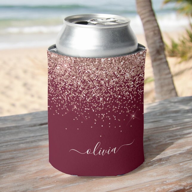 Burgundy Rose Gold Blush Pink Glitter Monogram Can Cooler (Creator Uploaded)