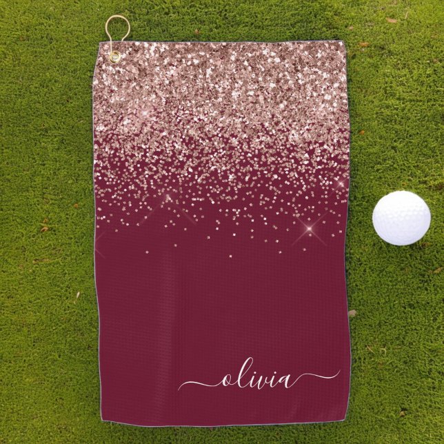 Burgundy Rose Gold Blush Pink Glitter Monogram Golf Towel (Creator Uploaded)