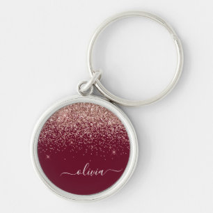 Burgundy Rose Gold Blush Pink Glitter Monogram Key Ring