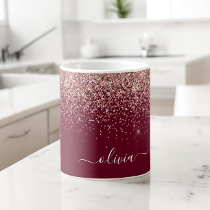 Burgundy Rose Gold Blush Pink Glitter Monogram Large Coffee Mug