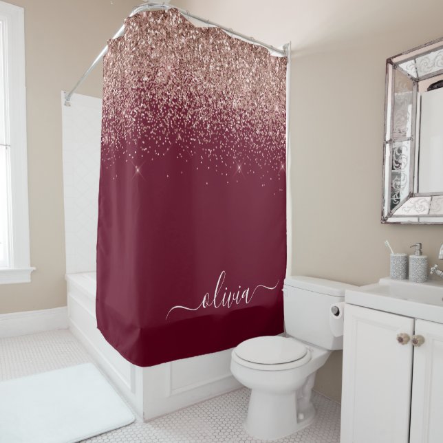 Burgundy Rose Gold Blush Pink Glitter Monogram Shower Curtain (In Situ)