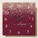 Burgundy Rose Gold Blush Pink Glitter Monogram Square Wall Clock<br><div class="desc">Rose Gold - Blush Pink and Burgundy Sparkle Glitter Script Monogram Name Clock. This makes the perfect sweet 16 birthday,  wedding,  bridal shower,  anniversary,  baby shower or bachelorette party gift for someone that loves glam luxury and chic styles.</div>