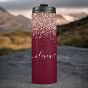 Burgundy Rose Gold Blush Pink Glitter Monogram Thermal Tumbler