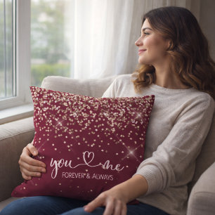 Burgundy Rose Gold Blush Pink Glitter You & Me Cushion