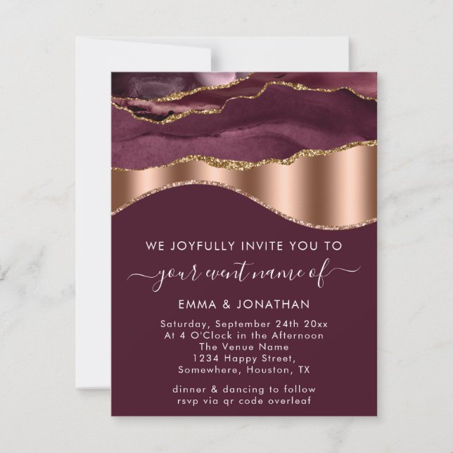 Burgundy Rose Gold Border Wave QR Code Wedding (Front)