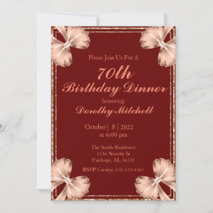 Burgundy Rose Gold Bow 70th Birthday Invitation