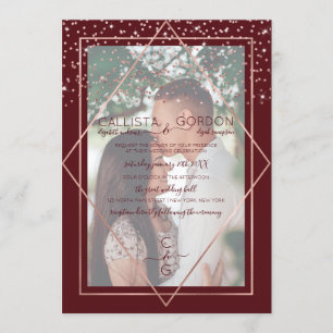Burgundy Rose Gold Confetti Border Photo Wedding Invitation