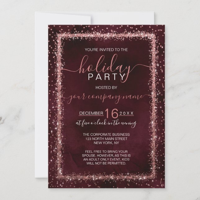 Burgundy Rose Gold Confetti Corporate Holiday Invitation (Front)