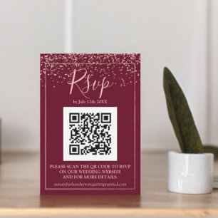 Burgundy Rose gold confetti QR code rsvp Enclosure Card