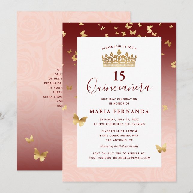Burgundy Rose Gold Crown Elegant Quinceanera Invitation (Front/Back)