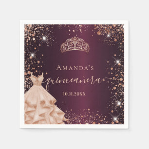 Burgundy rose gold dress name Quinceanera Napkin
