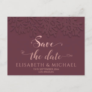 Burgundy Rose gold embossed botanical calligraphy Announcement Postcard