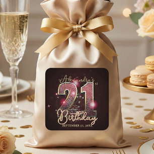 Burgundy Rose Gold Faux Glitter Glam 21st Birthday Square Sticker