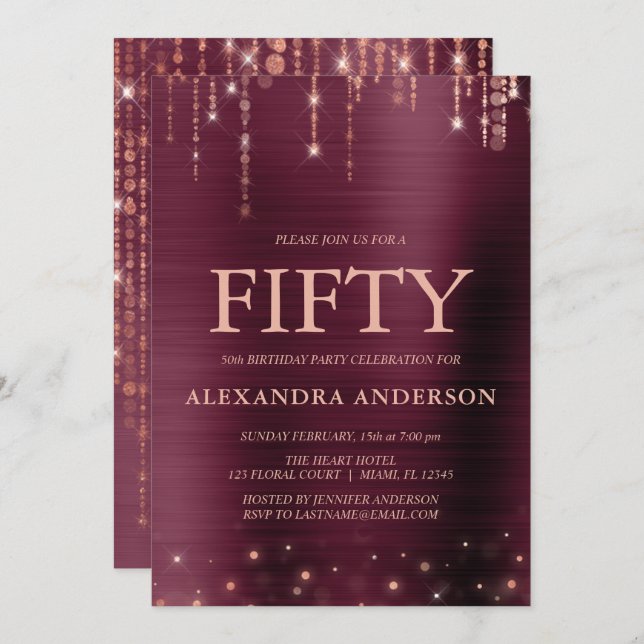 Burgundy Rose Gold Fifty 50th Birthday Party Invitation (Front/Back)