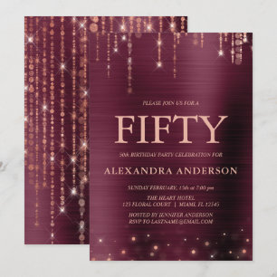 Burgundy Rose Gold Fifty 50th Birthday Party Invitation
