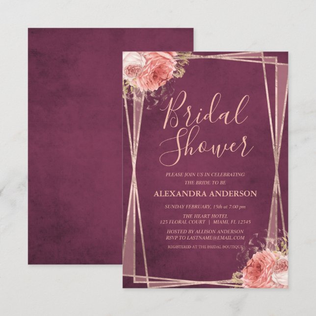 Burgundy Rose Gold Floral Bridal Shower Invitation (Front/Back)
