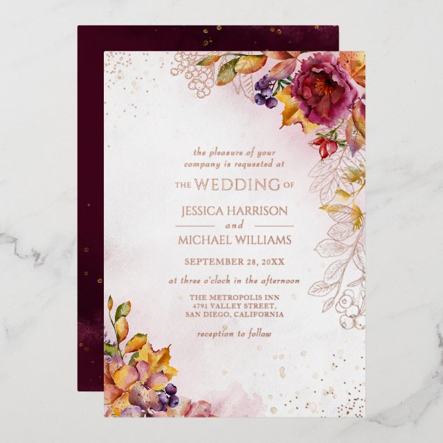 Burgundy Rose Gold Floral Colourful Fall Wedding (Front/Back)