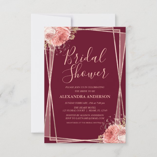 Burgundy Rose Gold Floral Elegant Bridal Shower Invitation (Front)