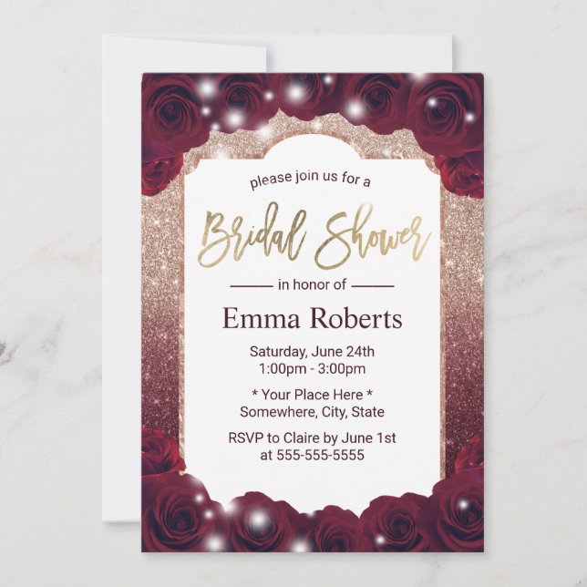 Burgundy Rose Gold Floral Elegant Bridal Shower Invitation (Front)