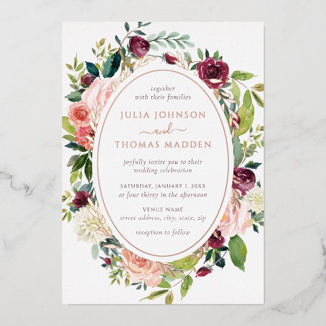 Burgundy Rose Gold Floral Foliage Wedding (Front)