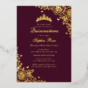Burgundy Rose Gold Floral Quinceanera Birthday 