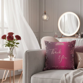 Burgundy Rose Gold Floral Sweet 16 Thank You Cushion