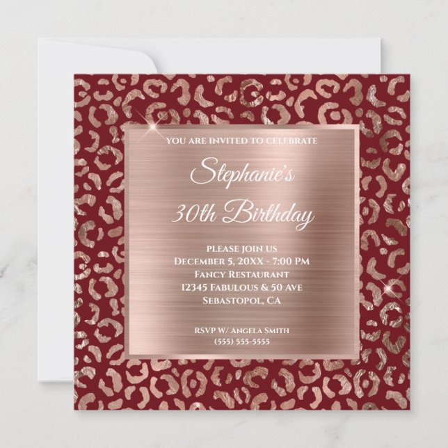 Burgundy Rose Gold Foil Leopard Glam 30th Birthday Invitation (Front)