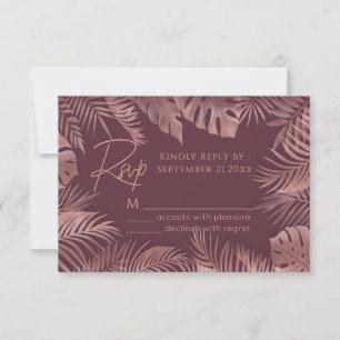 Burgundy rose gold foil tropical leaves romantic RSVP card