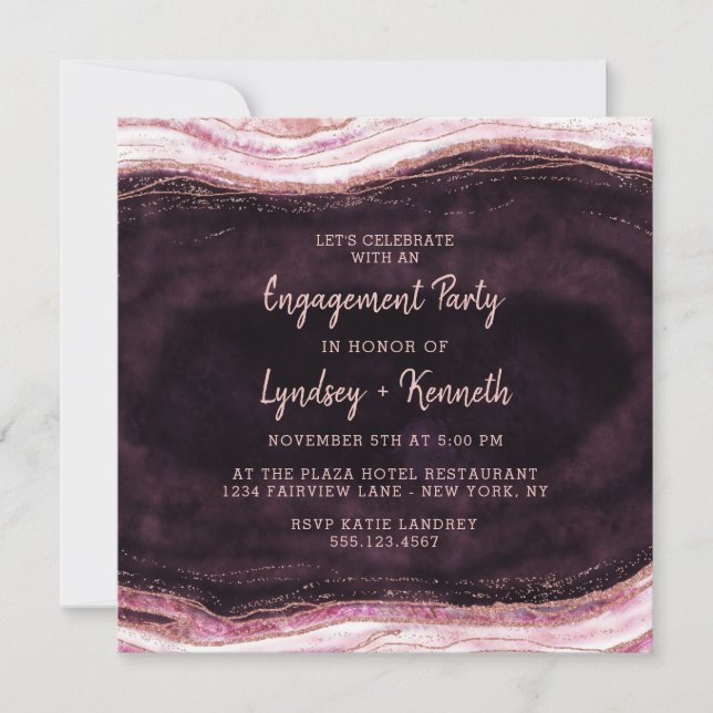 Burgundy & Rose Gold Geode Agate Engagement Party Invitation (Front)