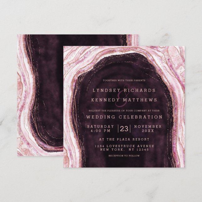 Burgundy & Rose Gold Geode Agate Wedding Square Invitation (Front/Back)