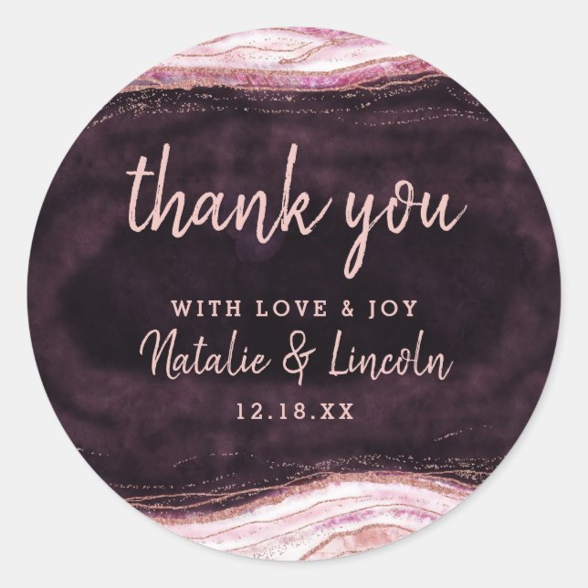 Burgundy & Rose Gold Geode Agate Wedding Thank You Classic Round Sticker (Front)