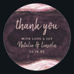 Burgundy & Rose Gold Geode Agate Wedding Thank You Classic Round Sticker<br><div class="desc">Burgundy & Rose Gold Geode Agate Marble, With Sparkling Rose Gold foil accents, and Modern trendy brushed script font. Blush Pink, Burgundy Wine, and white stone look, is luxurious and modern for your wedding - Personalised Wedding Thank You Favour Stickers! ~ Check my shop to see the entire wedding suite...</div>