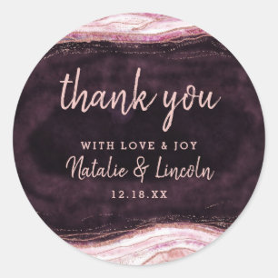 Burgundy & Rose Gold Geode Agate Wedding Thank You Classic Round Sticker
