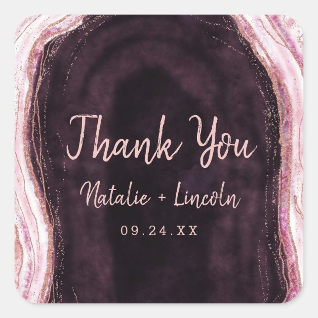 Burgundy & Rose Gold Geode Agate Wedding Thank You Square Sticker (Front)