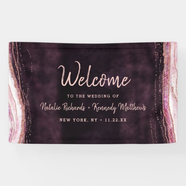 Burgundy & Rose Gold Geode Agate Wedding Welcome Banner (Horizontal)