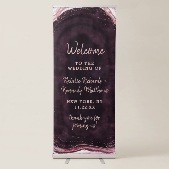 Burgundy & Rose Gold Geode Agate Wedding Welcome Retractable Banner (Front)