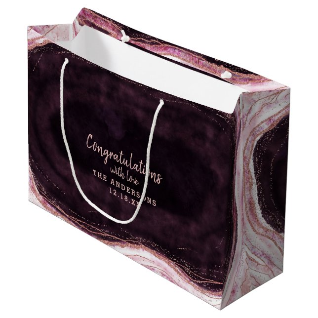 Burgundy & Rose Gold Geode Congratulations Wedding Large Gift Bag (Front Angled)